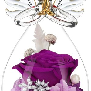 Preserved Flowers Rose in Glass Angel Figurines,Birthday Gifts for Women,Christmas Rose Gifts for Her Women Mom,Valentines Present,Purple Flowers for Grandma Wife Girlfriend