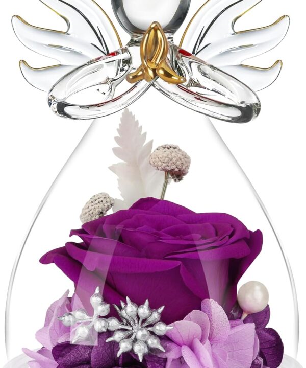 Preserved Flowers Rose in Glass Angel Figurines,Birthday Gifts for Women,Christmas Rose Gifts for Her Women Mom,Valentines Present,Purple Flowers for Grandma Wife Girlfriend