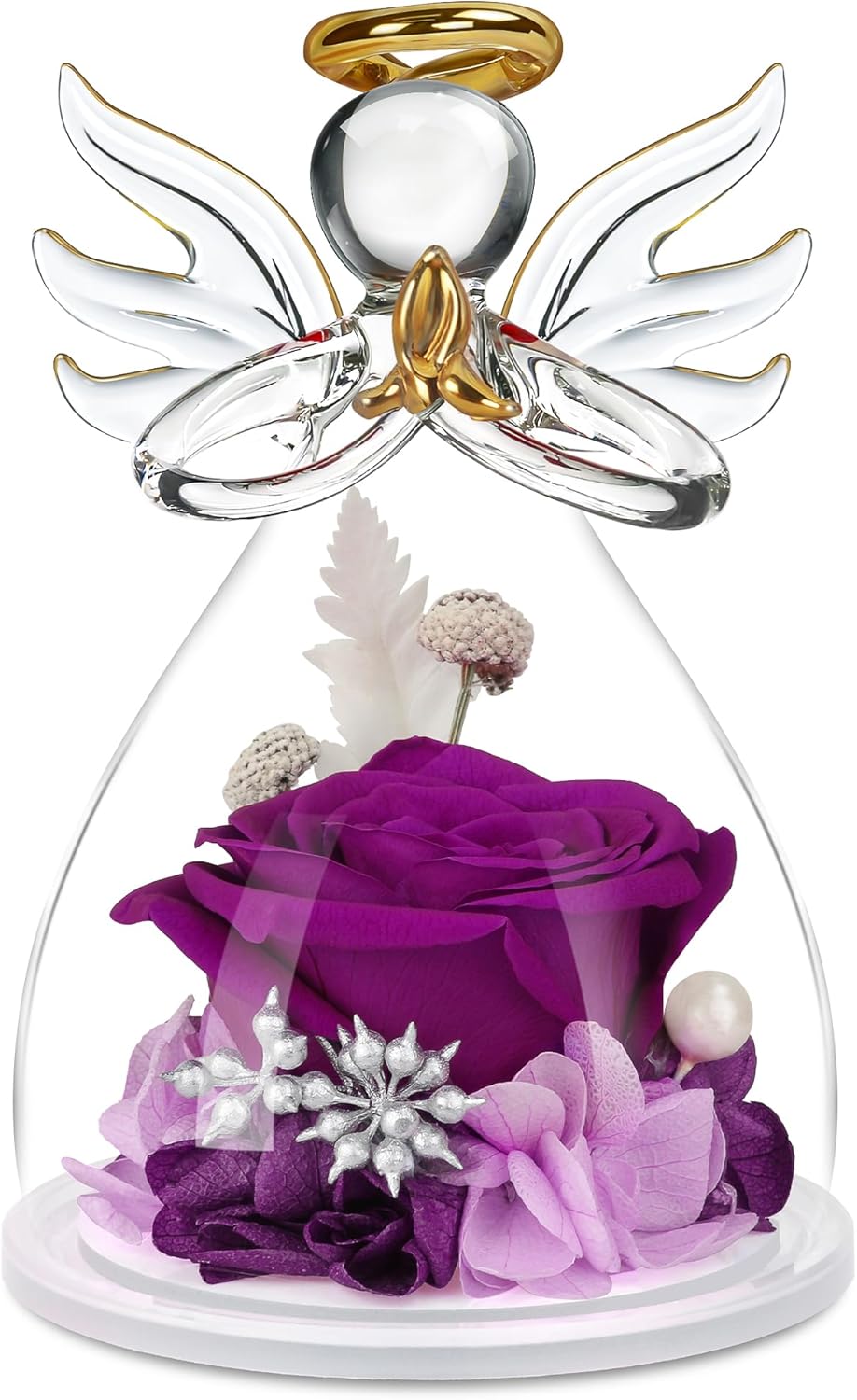 Preserved Flowers Rose in Glass Angel Figurines,Birthday Gifts for Women,Christmas Rose Gifts for Her Women Mom,Valentines Present,Purple Flowers for Grandma Wife Girlfriend