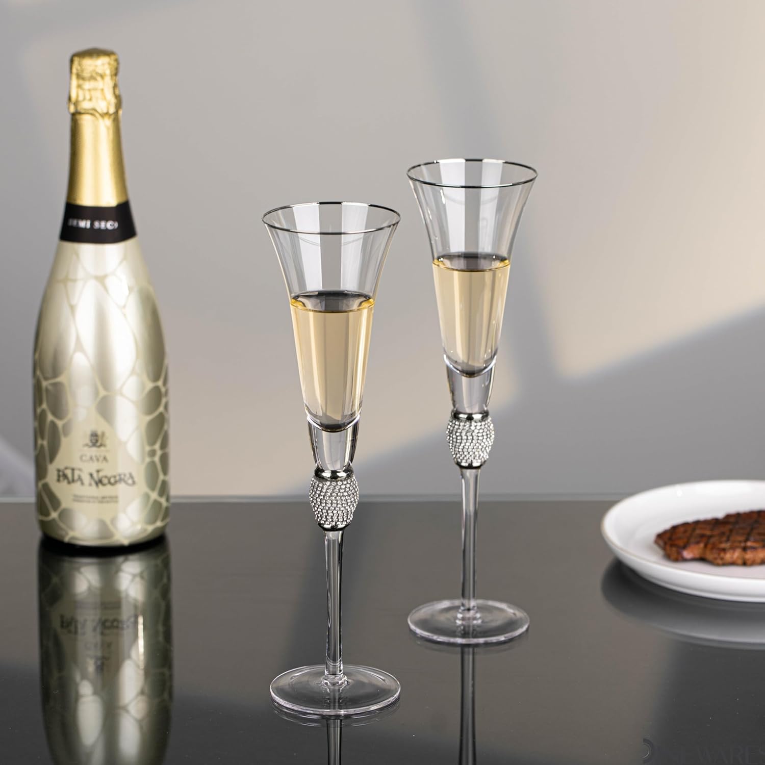 2 Piece Elegant Crystal Set Wedding Champagne Glasses with Diamond Rhinestone Accents and a Polished Silver Rim – 11 in Tall with Slender Long Stem, 7 oz – Chic Toasting Set for the Bride and Groom