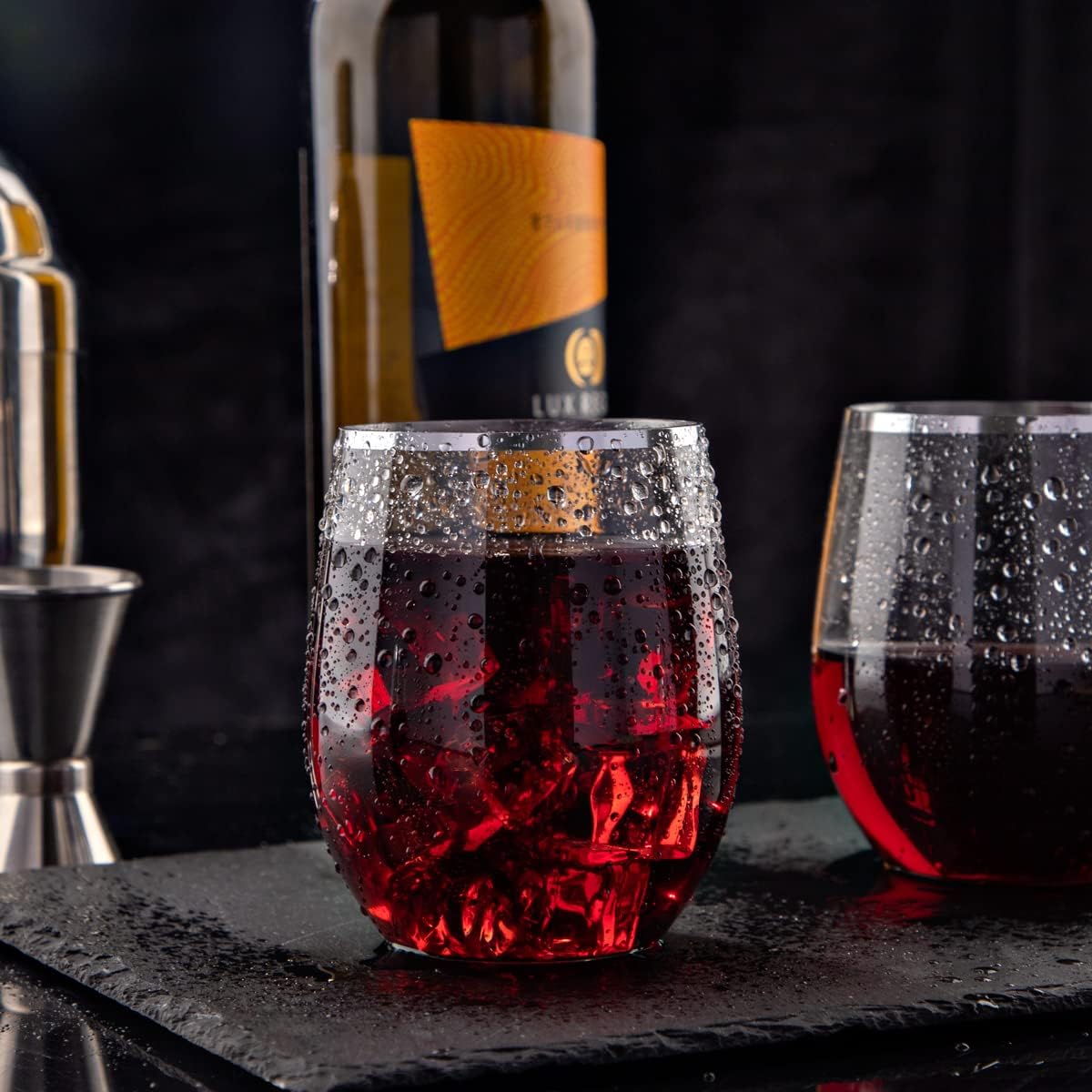 SUT 32 Pack 12oz Silver Rimmed Plastic Wine Glasses Stemless, Disposable Wine Cups with Premium Quality, Reusable, Unbreakable, Crystal, Shatterproof and BPA-Free, Perfect for Party, Wedding, Picnic