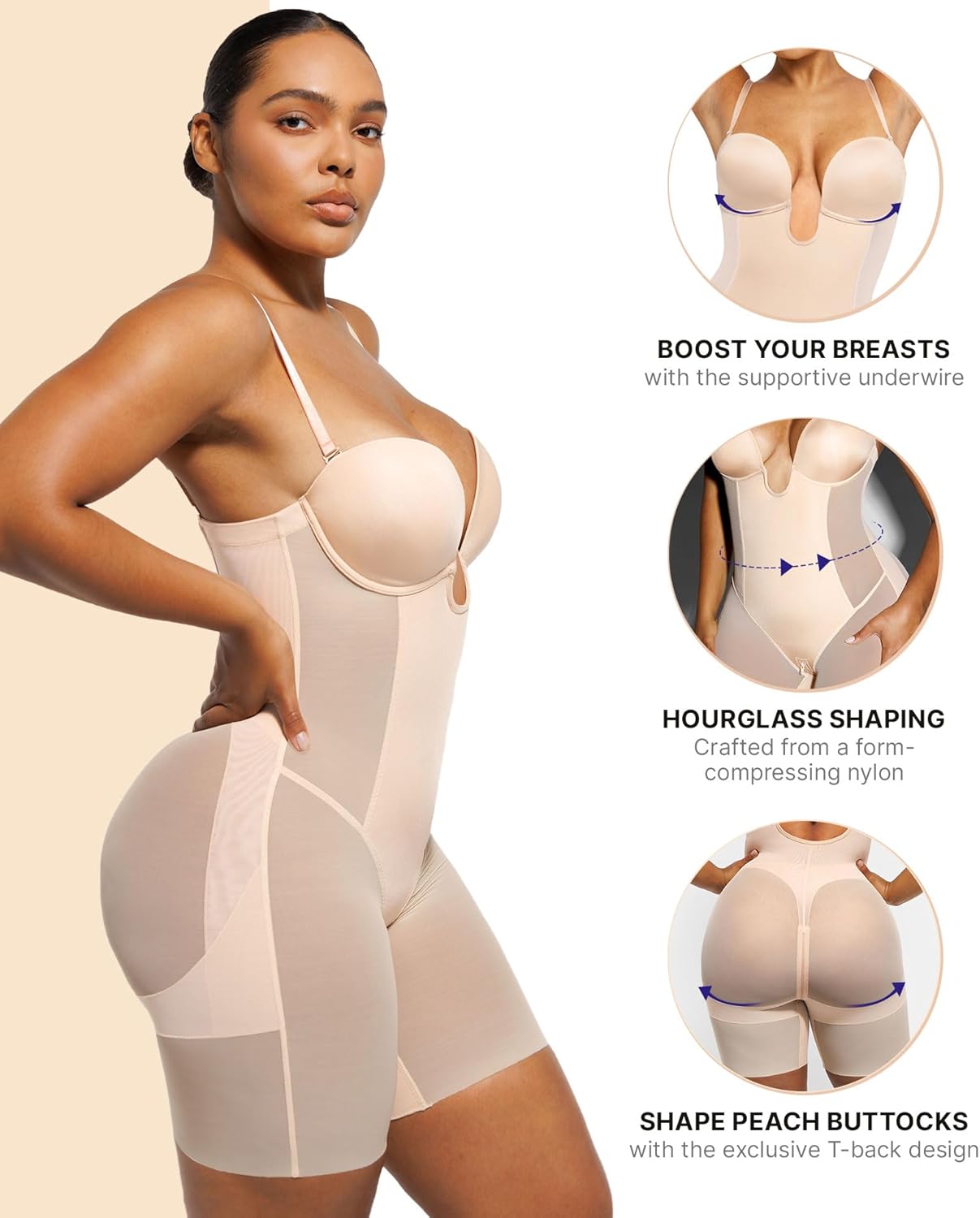 SHAPELLX Strapless Shapewear for Women Deep Plunge Corset Tummy Control Backless Bodysuit Mid Thigh Full Body Shaper