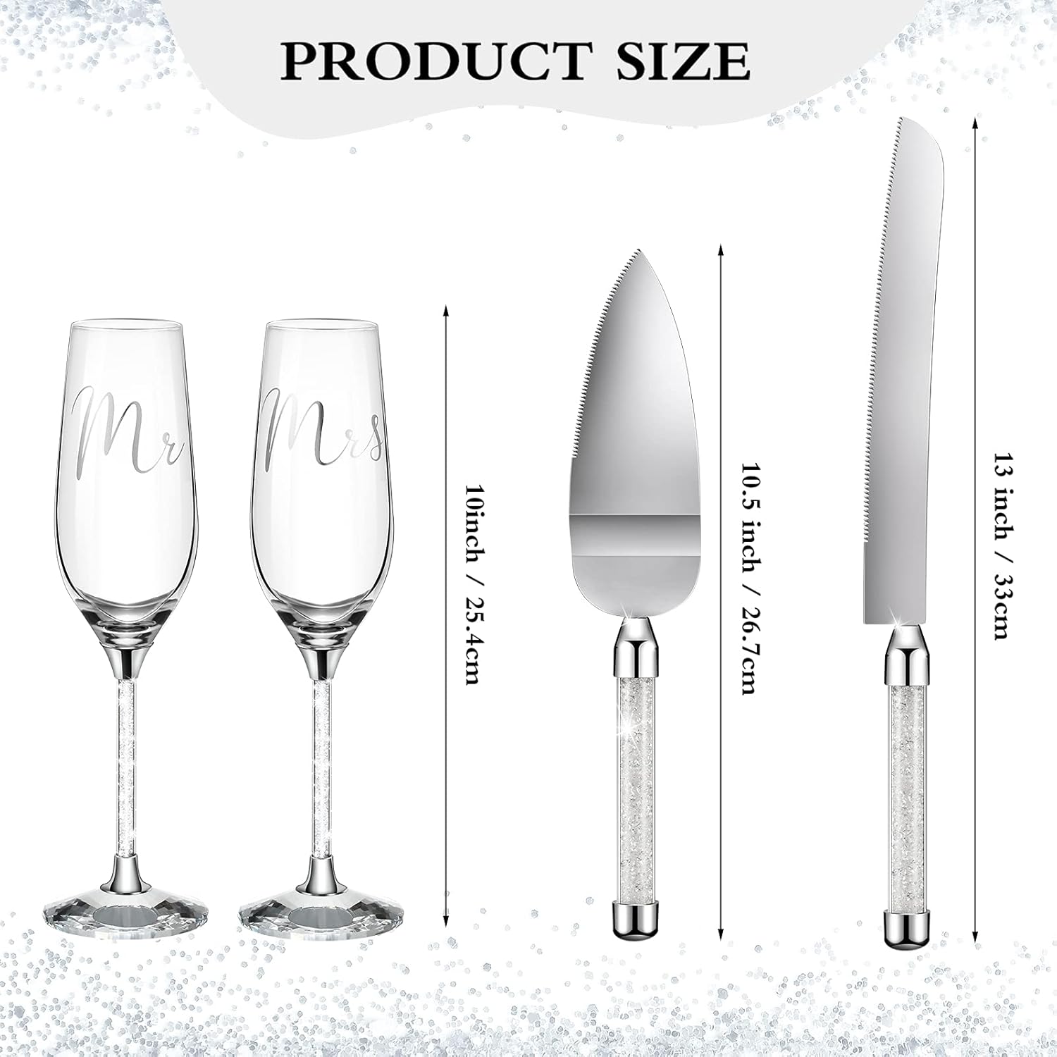 4 Piece Wedding Cake Knife and Champagne Flutes Server Set Mr and Mrs Toasting Flutes Crystal Rhinestone Cake Cutting Set for Bride and Groom Wedding Engagement Bridal Shower Gifts(Silver)