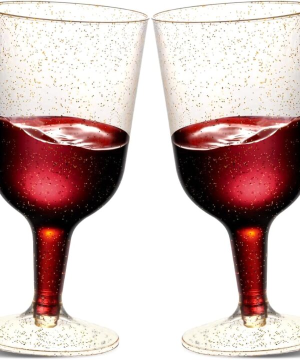 30 Pack 6oz Plastic Wine Glasses  Disposable Gold Glitter Mini Stemware with Removable Base for Weddings, Parties, Champagne, Toasting
