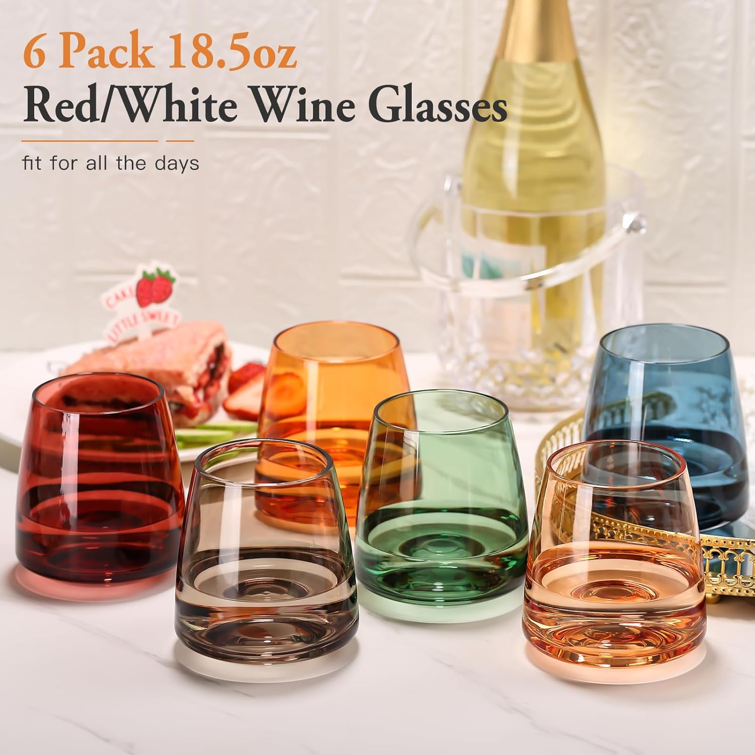 Stemless Colored Wine Glasses Set of 6-14oz Crystal Colorful Wine Glasses-Unique Hand Blown Muticolor Wine Glass Wedding gift set for wine lovers