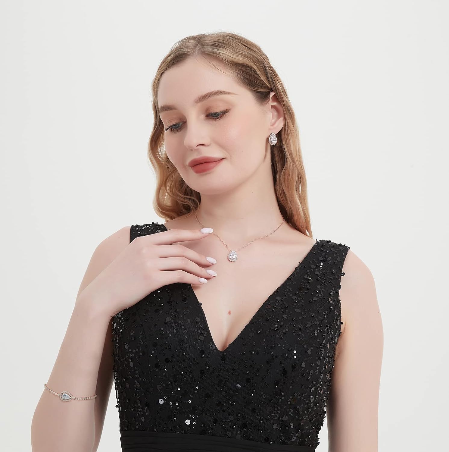 UDYLGOON Imitation Cubic Zironia Diamond Teardrop Earrings Necklace Bracelet Jewelry Set For Bride Bridesmaids Bridal Wedding Party Prom Jewelry Gift