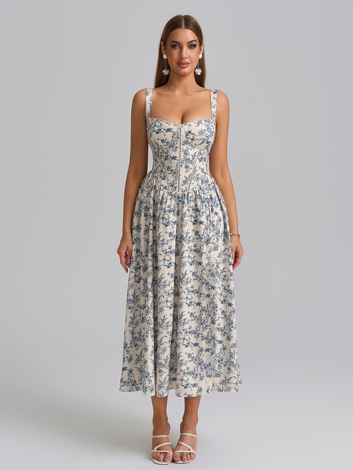 KUTUMAI Floral Corset Midi Dress Flowy Slit Summer Spring Wedding Guest Dresses for Women Sundress with Pockets