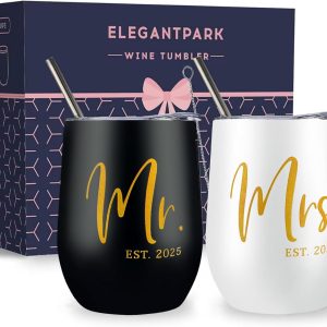 ELEGANTPARK Mr and Mrs Gifts Wedding Gifts for Couples 2025 Newlyweds Engagement Present for Bride and Groom Cups Stainless Steel Mr & Mrs Wine Tumbler with Lid and Straw 12 OZ