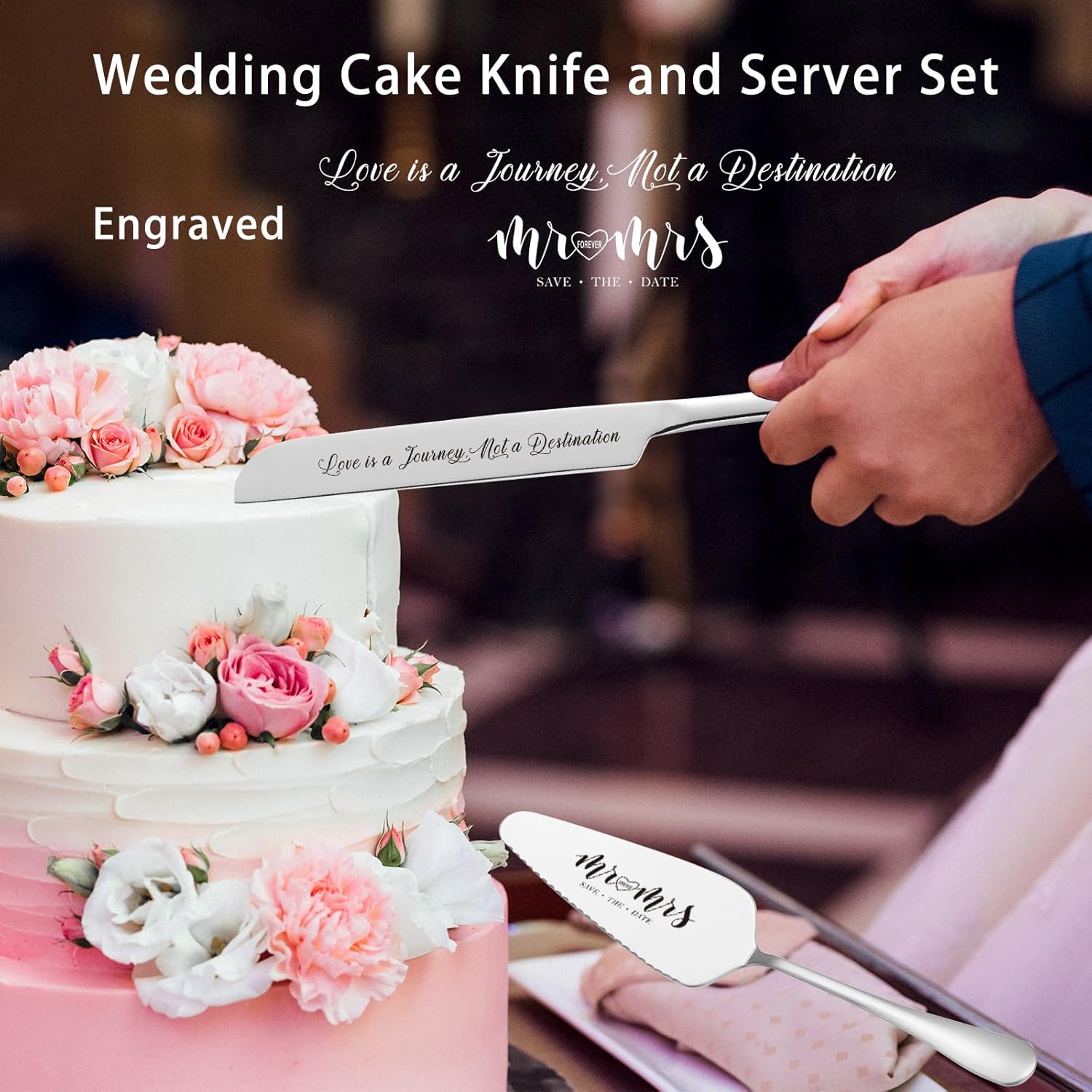 Engraved Mr and Mrs Champagne Flutes Wooden Sign,Wedding Toasting Glasses for Bride and Groom,Cake Knife and Server Set Just Married Banner for Couple Reception Ceremony