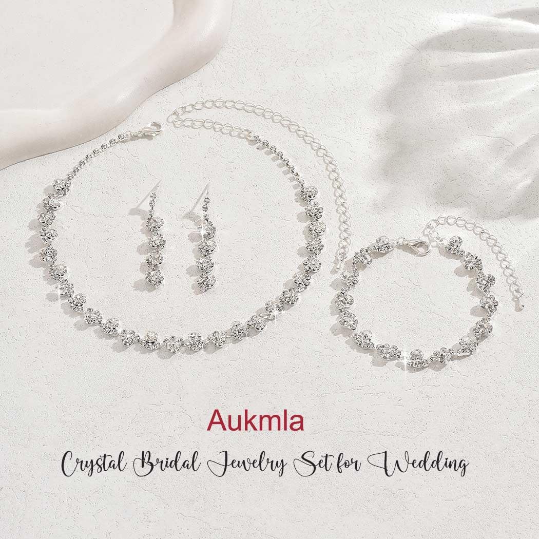 Aukmla Bridal Wedding Jewelry Set Silver Rhinestones Choker Necklaces Earrings Bracelet Sets Prom Jewelry for Women and Brides