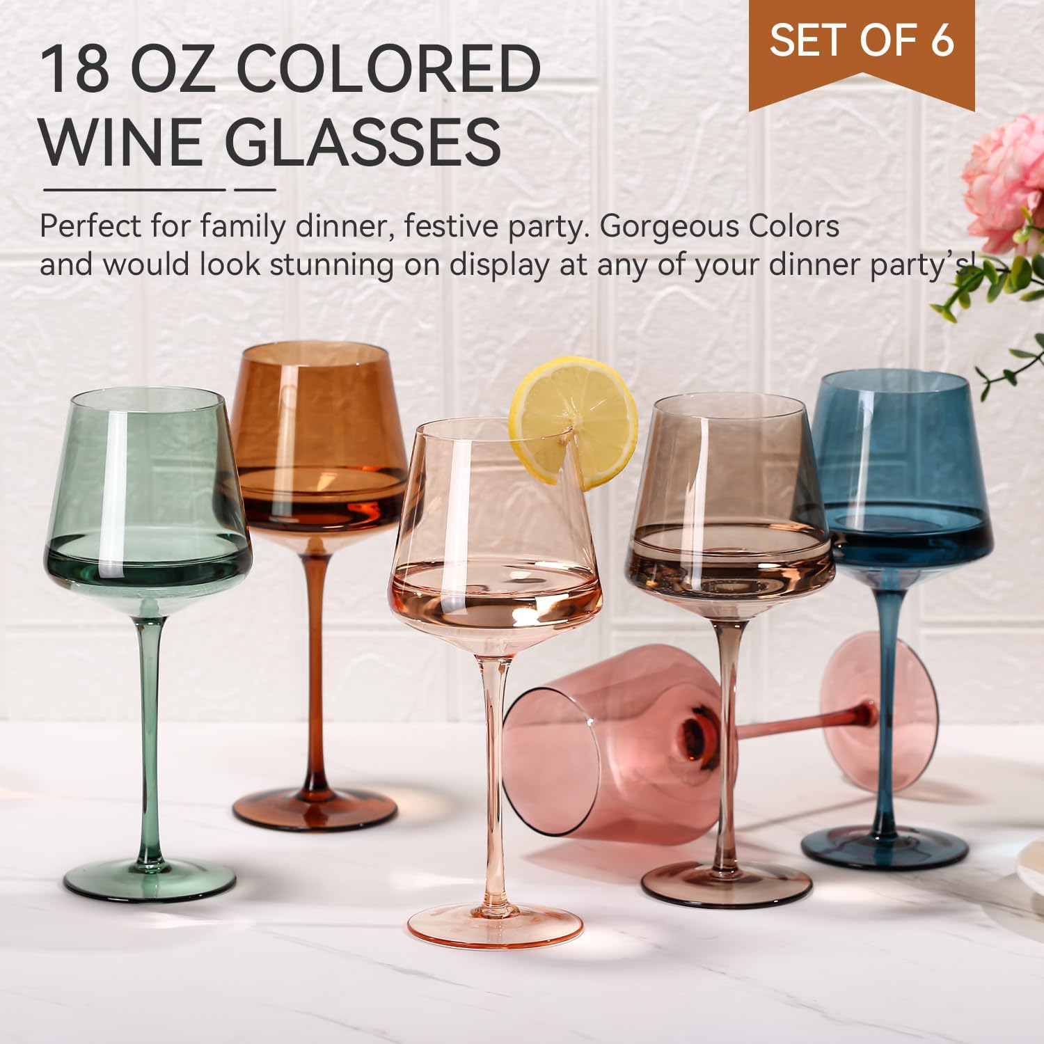 Colored Wine Glasses Set of 6-18ozHand BlownCrystal Colorful Wine Glasses with Stem-Muticolor Wine Glass Wedding gift set for wine lovers Red White Wine Dinner