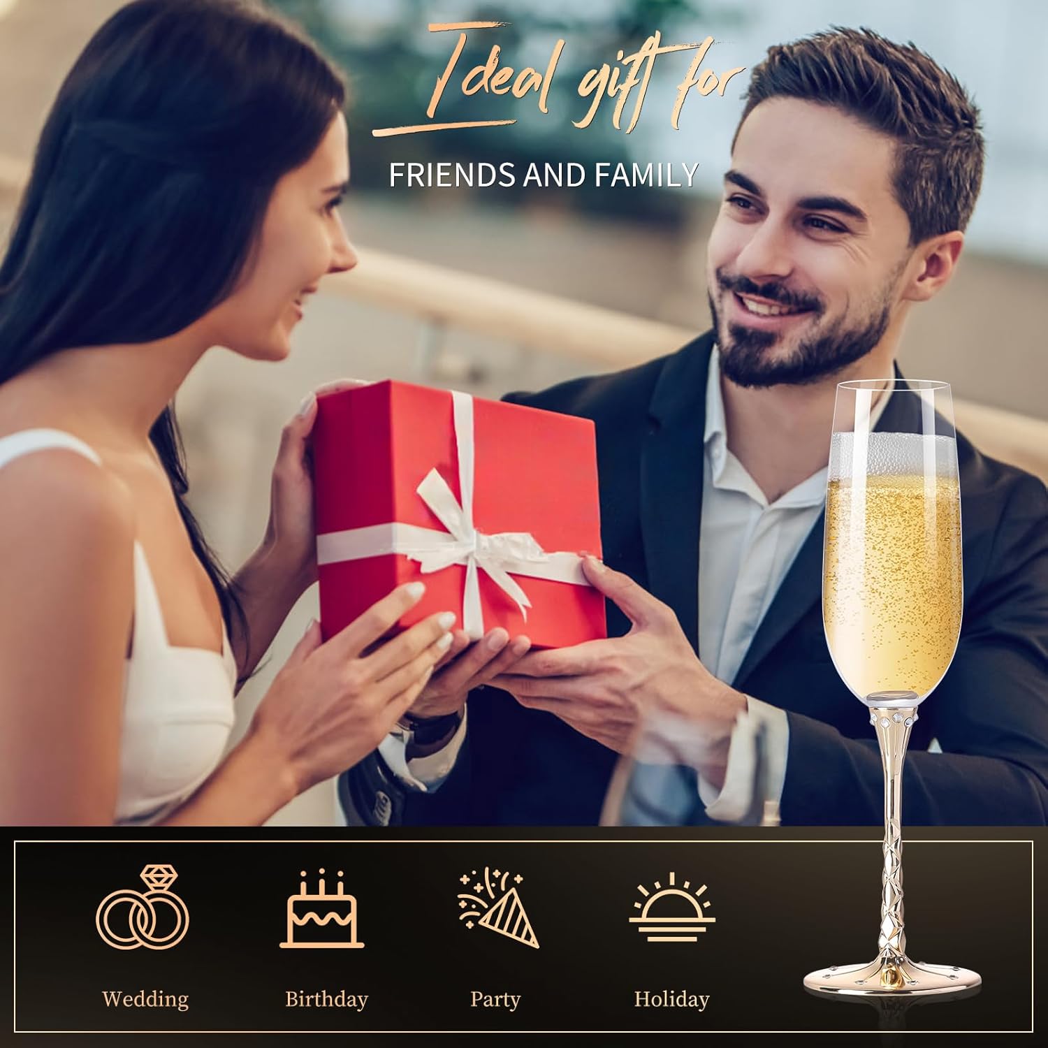 Hanjue Champagne Glasses Set of 2, Clear Champagne Flutes 7 Oz – Ideal for Gifts,Parties, Wedding, Christmas, Long-lasting and Reusable Bar Glassware (Gold)