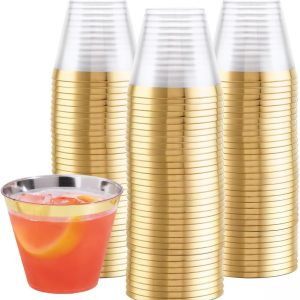 Prestee 100-Pack 9oz Gold Rimmed Plastic Cups Disposable Wine Glasses for Charcuterie, Weddings, Parties, and Events - Elegant Cocktail and Drinking Cups for Champagne, Martini, and Mocktails
