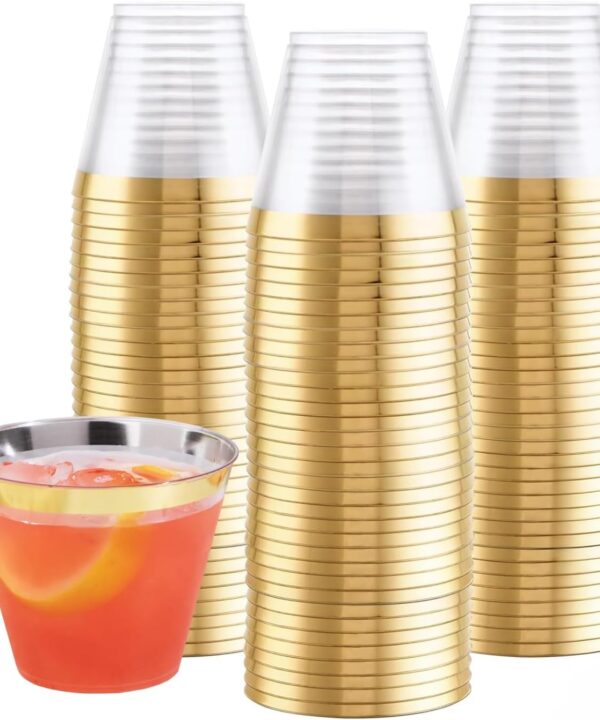 Prestee 100-Pack 9oz Gold Rimmed Plastic Cups Disposable Wine Glasses for Charcuterie, Weddings, Parties, and Events - Elegant Cocktail and Drinking Cups for Champagne, Martini, and Mocktails