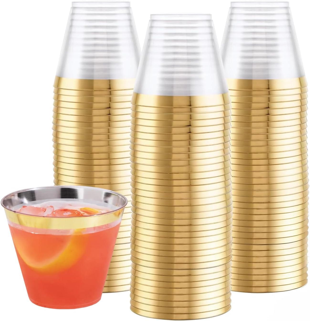Prestee 100-Pack 9oz Gold Rimmed Plastic Cups Disposable Wine Glasses for Charcuterie, Weddings, Parties, and Events - Elegant Cocktail and Drinking Cups for Champagne, Martini, and Mocktails