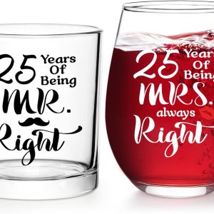 Futtumy 25th Anniversary Glass Gifts Set, 25 Years of Being Mr Right & Mrs Always Right 17oz Wine 10oz Whisky Glass, 25th Wedding Anniversary for Wife Husband Couple Parents Grandparents Friends