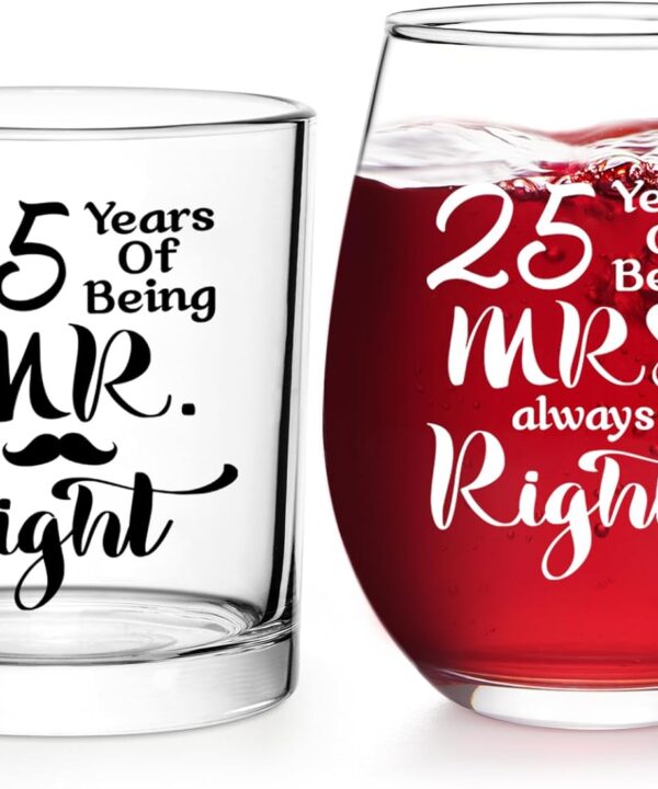 Futtumy 25th Anniversary Glass Gifts Set, 25 Years of Being Mr Right & Mrs Always Right 17oz Wine 10oz Whisky Glass, 25th Wedding Anniversary for Wife Husband Couple Parents Grandparents Friends