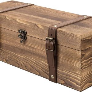 MyGift Vintage Wooden Wine Gift Box - Single Bottle Holder with Locking Latch & Leather Straps, Rustic Brown Wedding Champagne, Beer (14x5x5 Inches)