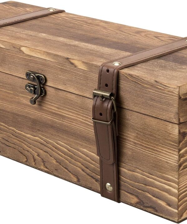 MyGift Vintage Wooden Wine Gift Box - Single Bottle Holder with Locking Latch & Leather Straps, Rustic Brown Wedding Champagne, Beer (14x5x5 Inches)
