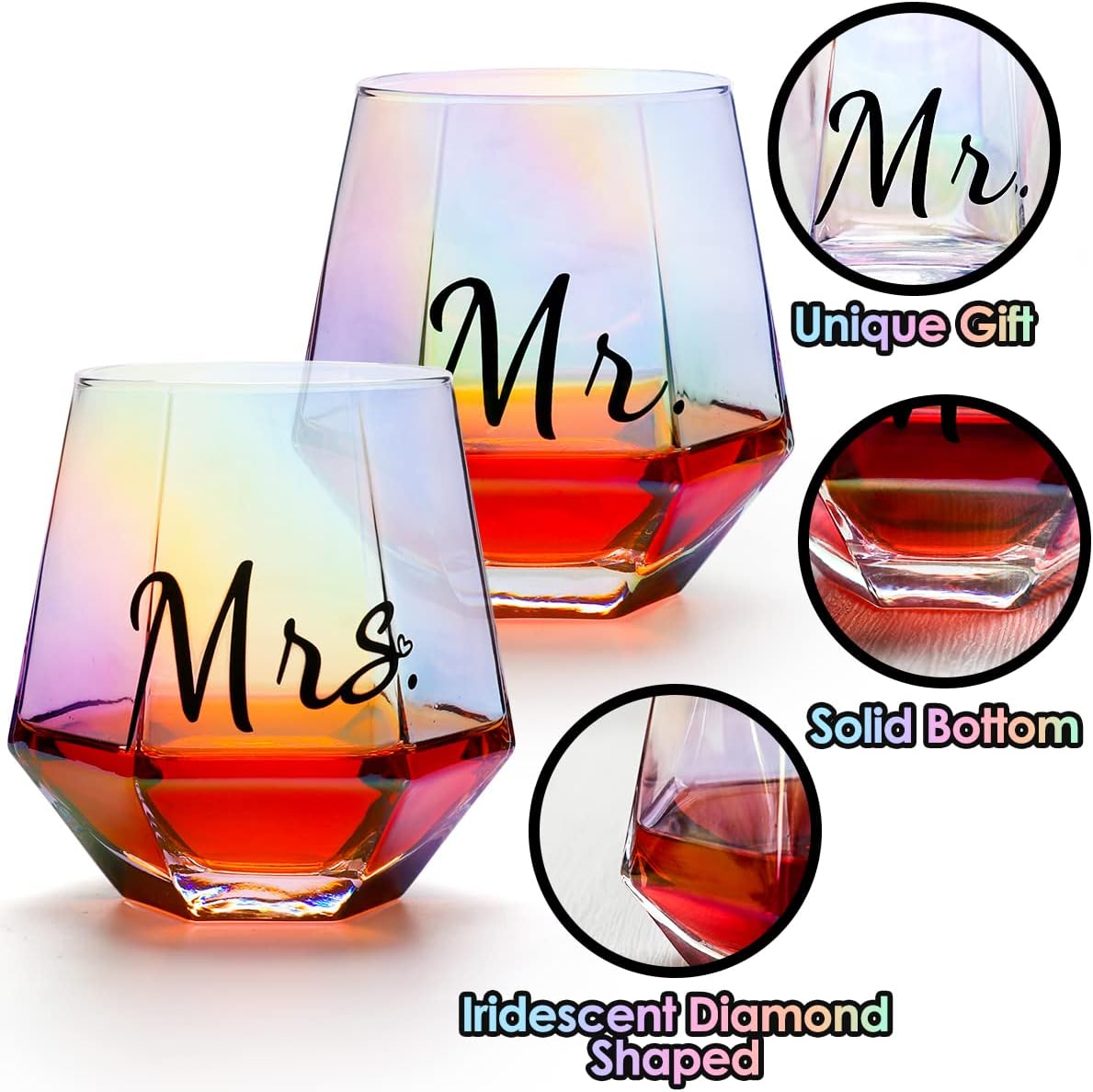 Mr & Mrs Iridescent Diamond Shaped Stemless Wine Glasses for Couples – Unique Colorful His & Hers Wedding & Engagement Gift Set of 2