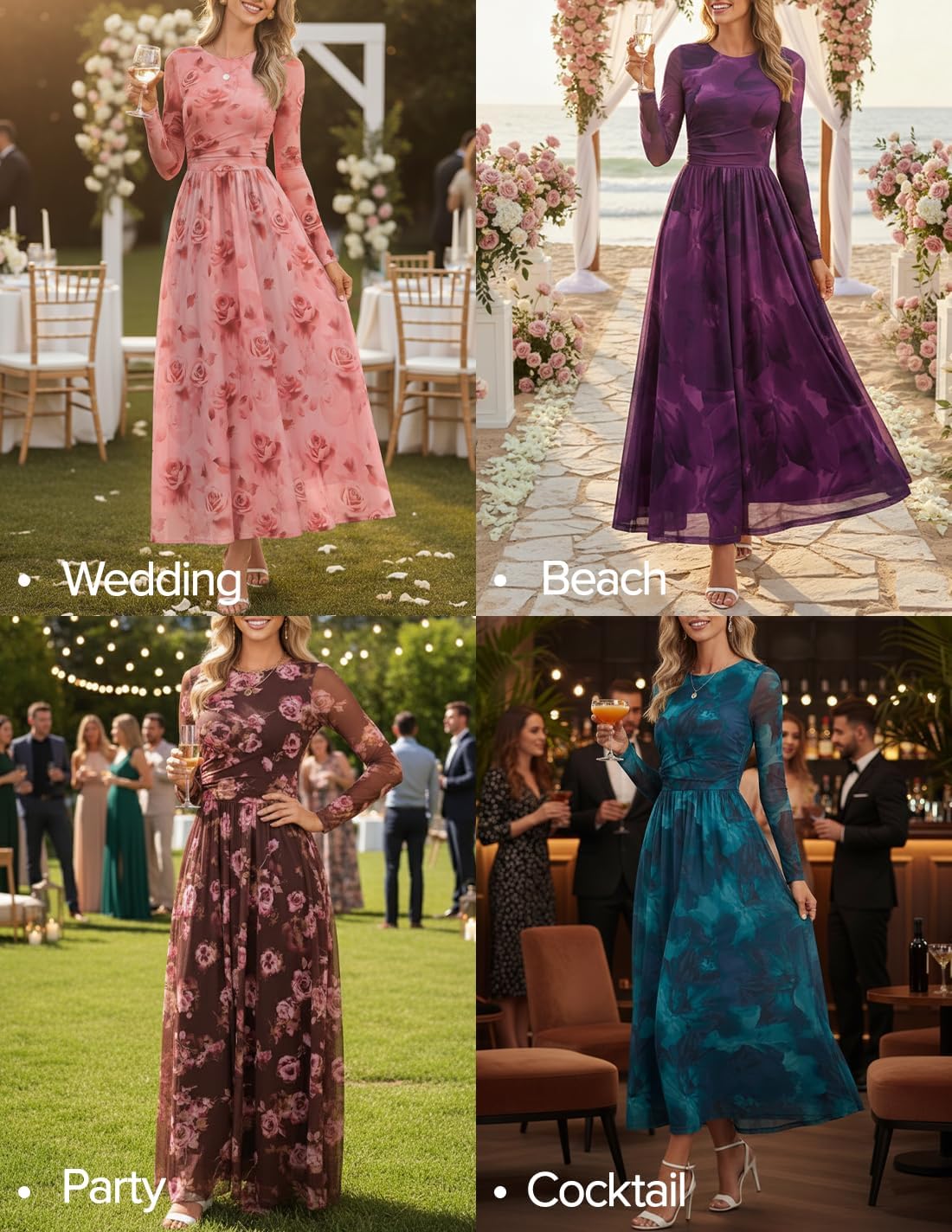 ZESICA Women’s Maxi Dress 2025 Fall Long Sleeve Crewneck Floral Print Mesh Ruched Party Wedding Guest Dresses