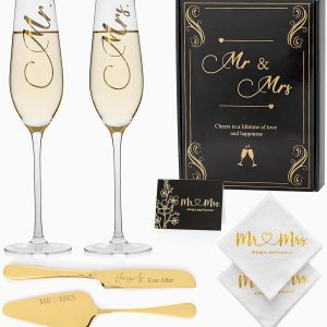 Wedding Cake Knife And Server Set Mr Mrs Champagne Flutes, Bride And Groom Gold Engraved Toasting Glasses With Cocktail Napkins Cake Cutting Set For Wedding, Personalized Engagement Gifts For Couple