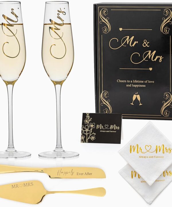 Wedding Cake Knife And Server Set Mr Mrs Champagne Flutes, Bride And Groom Gold Engraved Toasting Glasses With Cocktail Napkins Cake Cutting Set For Wedding, Personalized Engagement Gifts For Couple