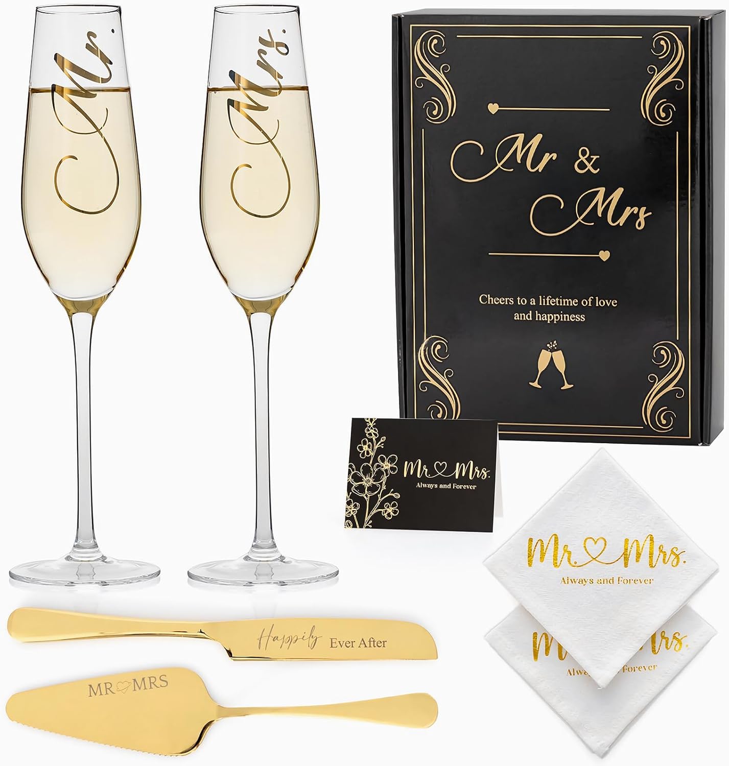 Wedding Cake Knife And Server Set Mr Mrs Champagne Flutes, Bride And Groom Gold Engraved Toasting Glasses With Cocktail Napkins Cake Cutting Set For Wedding, Personalized Engagement Gifts For Couple