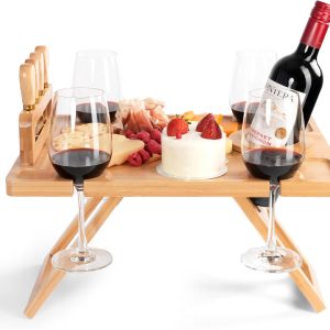 Charcuterie Picnic Table, Portable Wine Charcuterie Table, Outdoor Portable Wine Table, Cheese Lover Gift, Includes 4 Cheese Knives (Gold) and Detachable Cheese Knife Stand