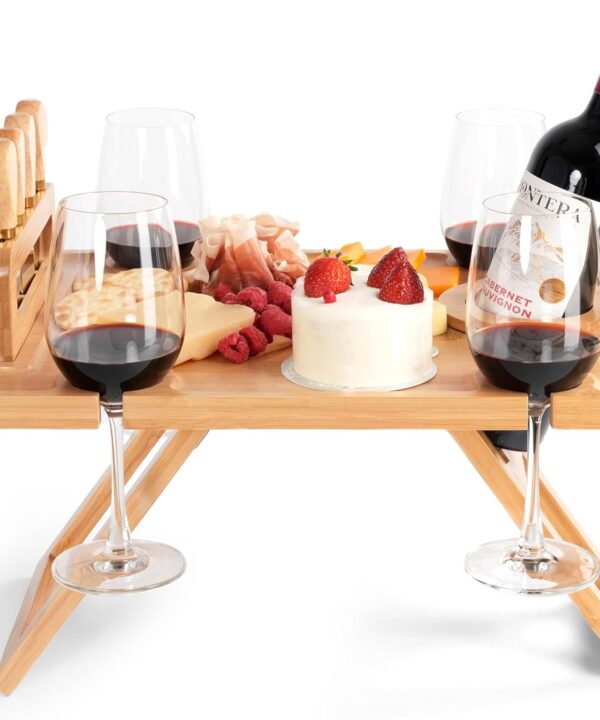 Charcuterie Picnic Table, Portable Wine Charcuterie Table, Outdoor Portable Wine Table, Cheese Lover Gift, Includes 4 Cheese Knives (Gold) and Detachable Cheese Knife Stand