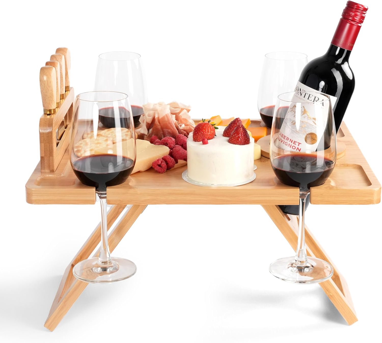 Charcuterie Picnic Table, Portable Wine Charcuterie Table, Outdoor Portable Wine Table, Cheese Lover Gift, Includes 4 Cheese Knives (Gold) and Detachable Cheese Knife Stand