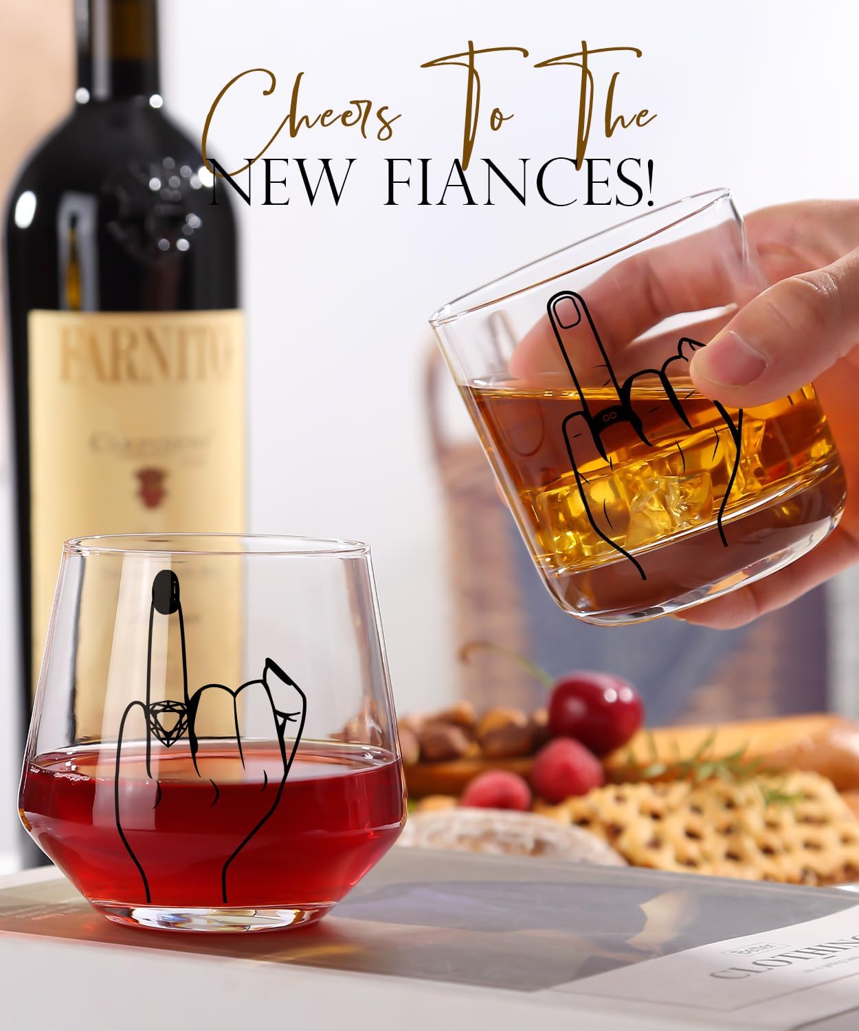 Engagement Gifts for Couple, Ring Finger Wine&Whiskey Glass Set,Bride and Groom Just Married Gift, Mr and Mrs Newlyweds Bridal Shower Gift,Wedding Gifts for Couples 2025