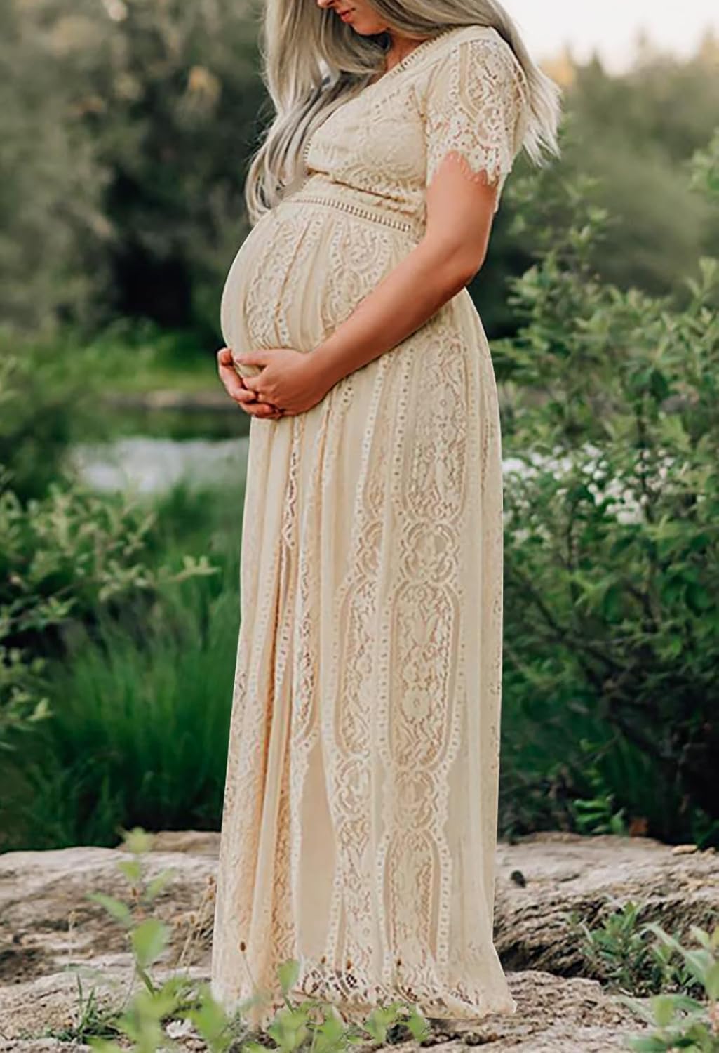 MEROKEETY Women’s V Neck Short Sleeve Floral Lace Wedding Dress Bridesmaid Cocktail Party Maxi Dress