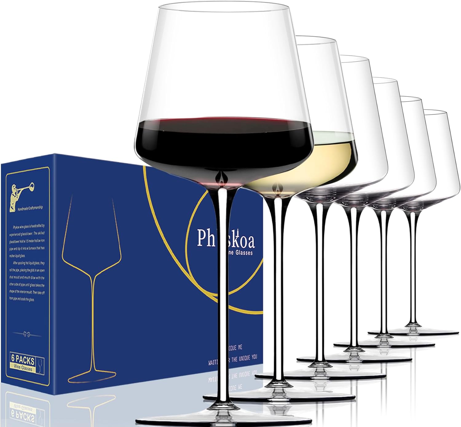 White Red Wine Glasses Set of 6 18oz ClearHand Blown Crystal Wine Glass Tall Long Stem Modern Wine Glasses Square Wine Glass with flat bottom Unique gifts for Wedding,Brithday,anniversary