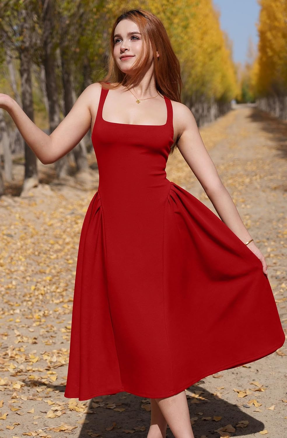 Memoriesea Women’s Elegant Square Neck Swing A Line Wedding Evening Party Midi Dress