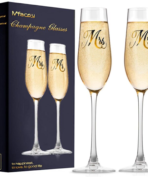 Mfacoy Mr. & Mrs. Champagne Flute Set, Wedding Decor - His and Hers, Wedding Toasting Glasses for Engagement Celebrations, Bridal Shower and Registry Idea, Tall Wine Glasses for Bride and Groom Gifts