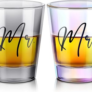 Sumind 2 Pcs Mr and Mrs Bride and Groom Wedding Wine Glasses Funny Bride 2 oz Mr and Mrs Engagement Gift Stemless Wine Glass for Newlyweds Couples(Black Lettering)