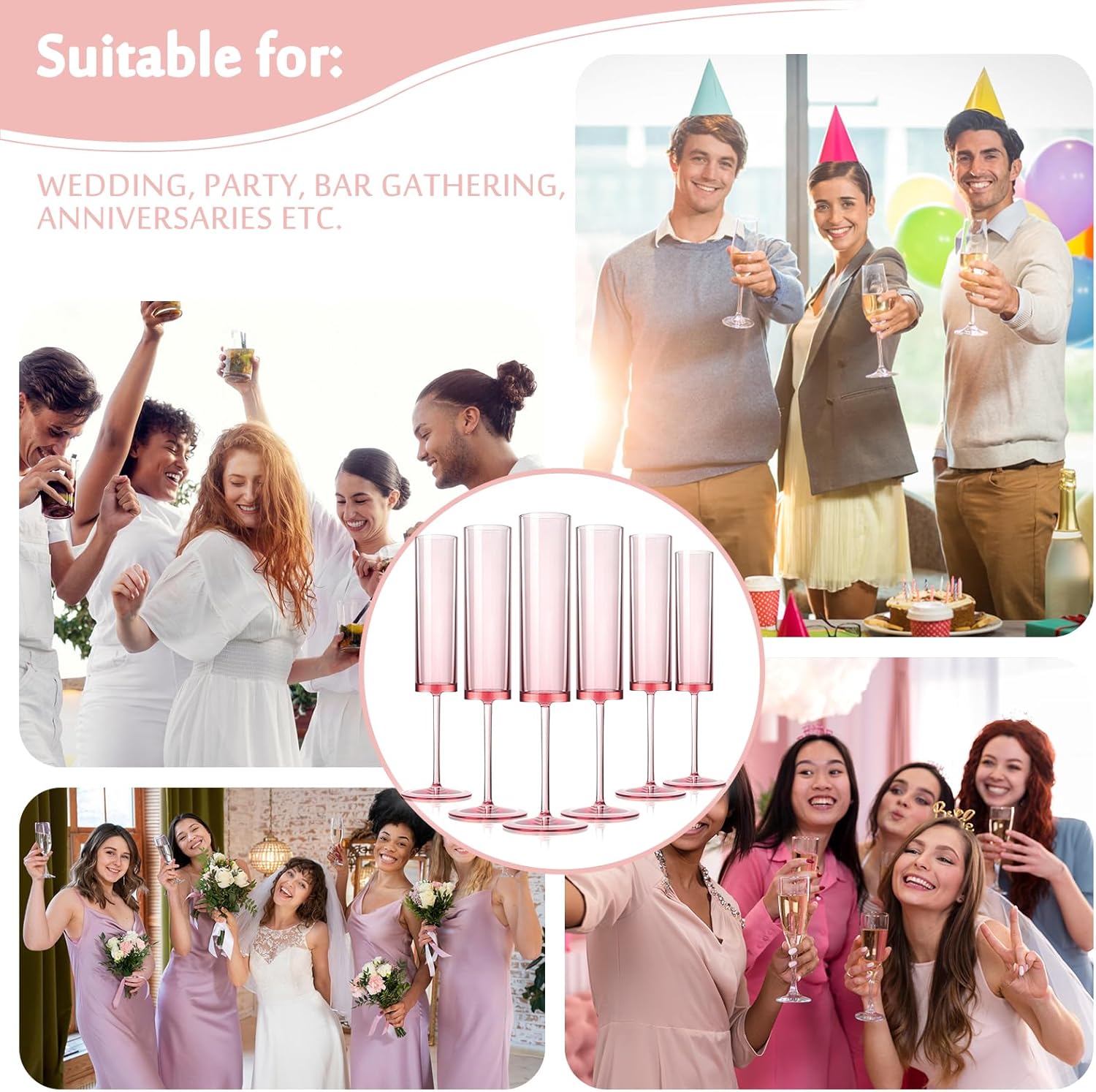 12 Pieces Pink Champagne Flutes 6 OZ Acrylic Reusable Wedding Toasting Glasses Stemmed Coupes Square Champagne Glasses Rose Bride Wine Glasses For Party Birthday Christmas Anniversary Wedding