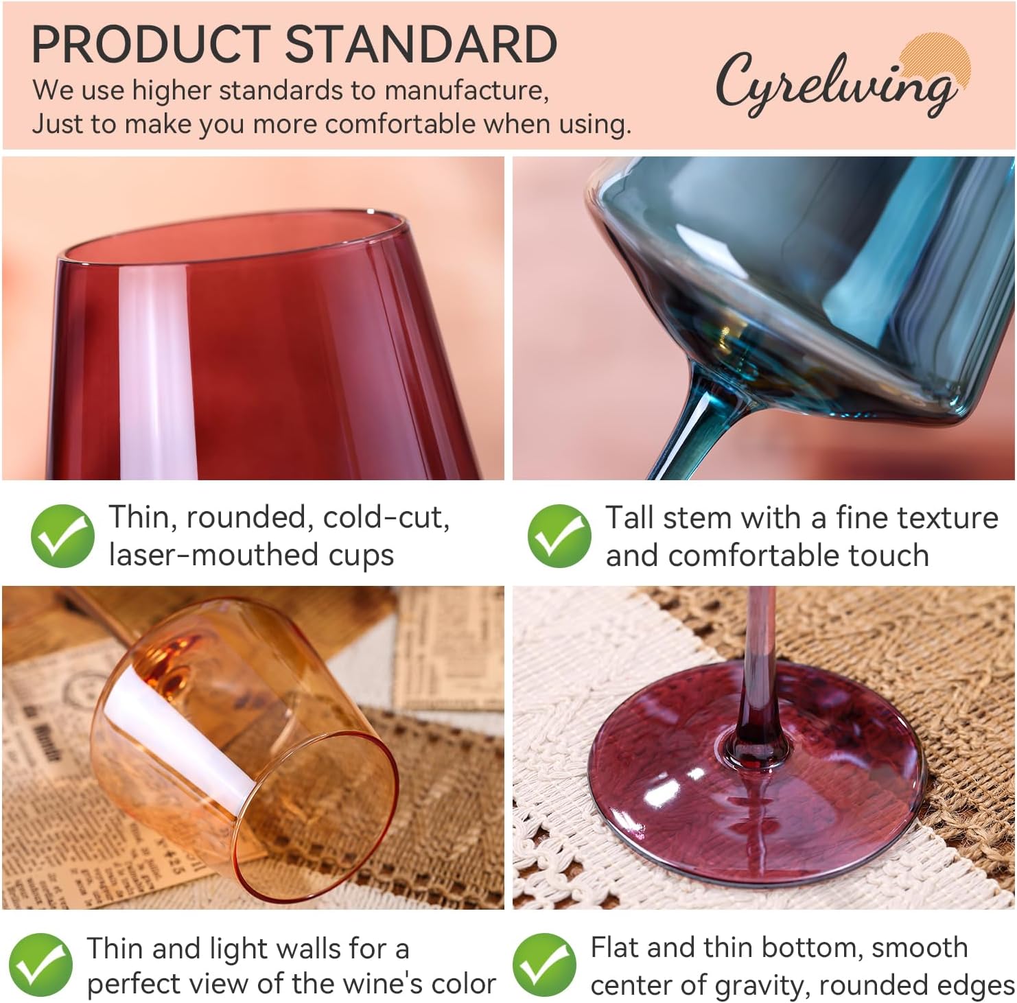 Colored Wine Glasses Set of 6-18ozHand BlownCrystal Colorful Wine Glasses with Stem-Muticolor Wine Glass Wedding gift set for wine lovers Red White Wine Dinner