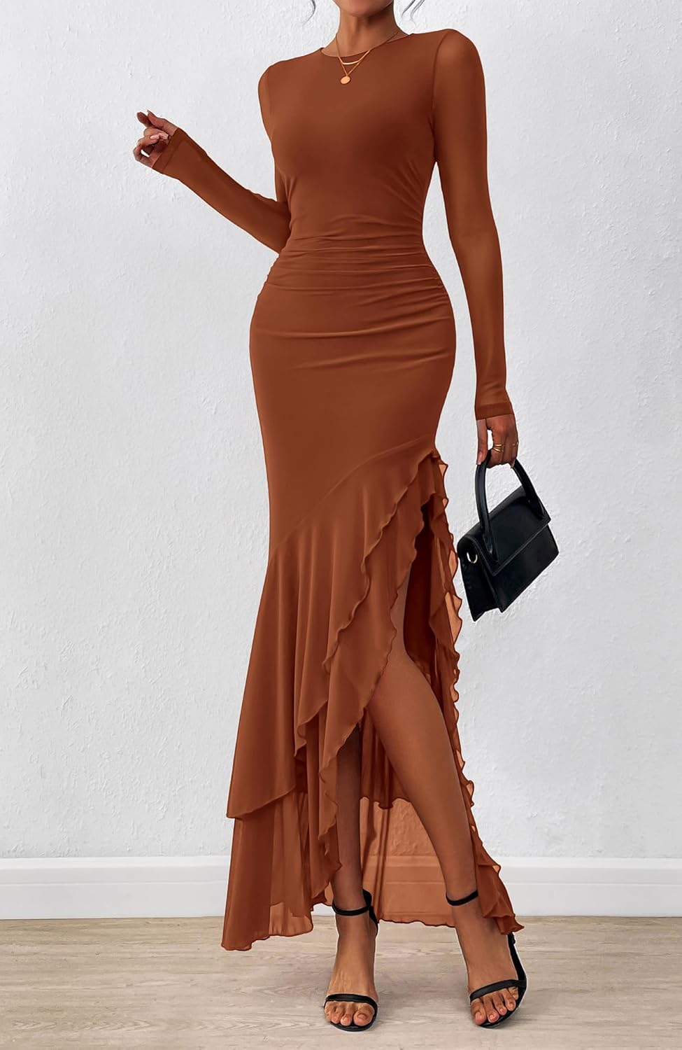 BTFBM Women’s Maxi Dresses Fall 2025 Long Sleeve Ruched Bodycon Solid Ruffle Mermaid Cocktail Wedding Guest Dress