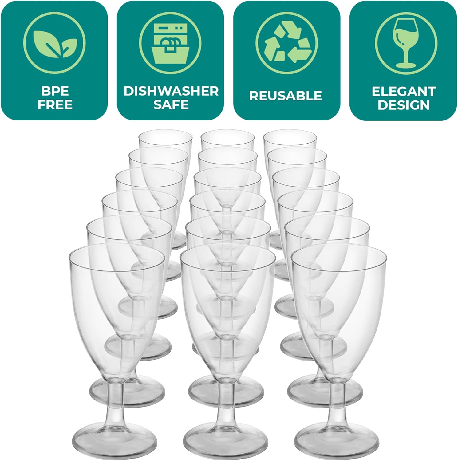 JoyServe 24 Plastic Wine Glasses Disposable – 7 Oz Clear BPA-Free Plastic Glasses with Stem, Reusable Party Wine Cups for Outdoor Parties, Weddings, Toasts, Drinks, Catering (Bulk Pack of 24)