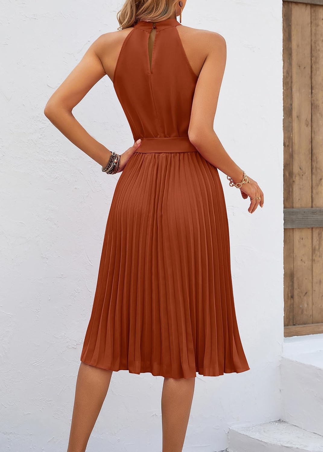 KIRUNDO Women’s 2025 Summer Sleeveless Halter Neck Pleated Midi Cocktail Dresses A Line Flowy Beach Sun Dress with Belt