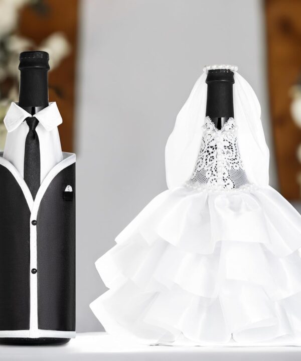 Magik Life Wedding Wine Bottle Covers Set  Bride & Groom Bottle Decorations for Wedding Table  Elegant Wine Gift for Couple, Bridal Shower, Engagement, Reception Dcor  White & Black