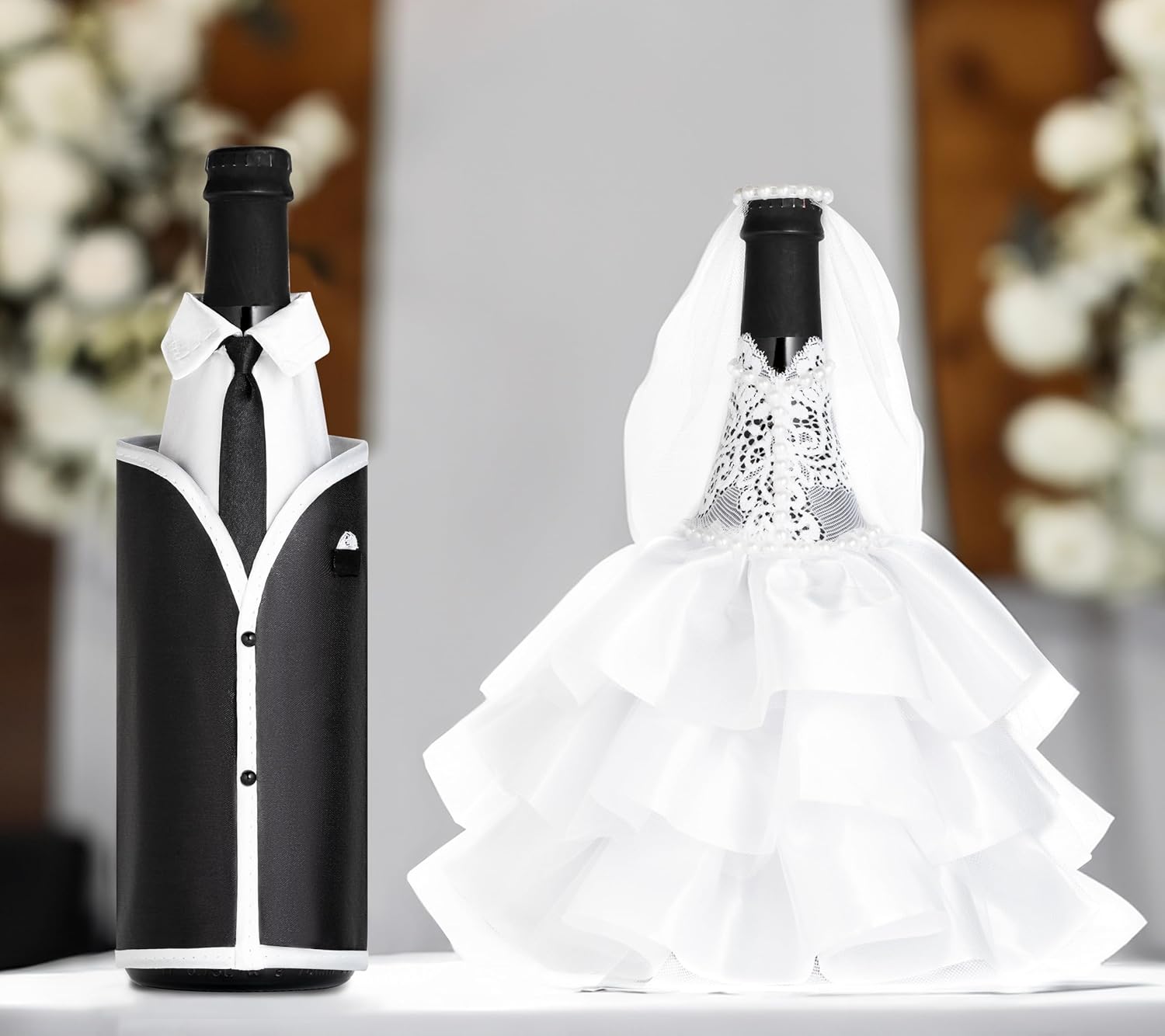 Magik Life Wedding Wine Bottle Covers Set Bride & Groom Bottle Decorations for Wedding Table Elegant Wine Gift for Couple, Bridal Shower, Engagement, Reception Dcor White & Black