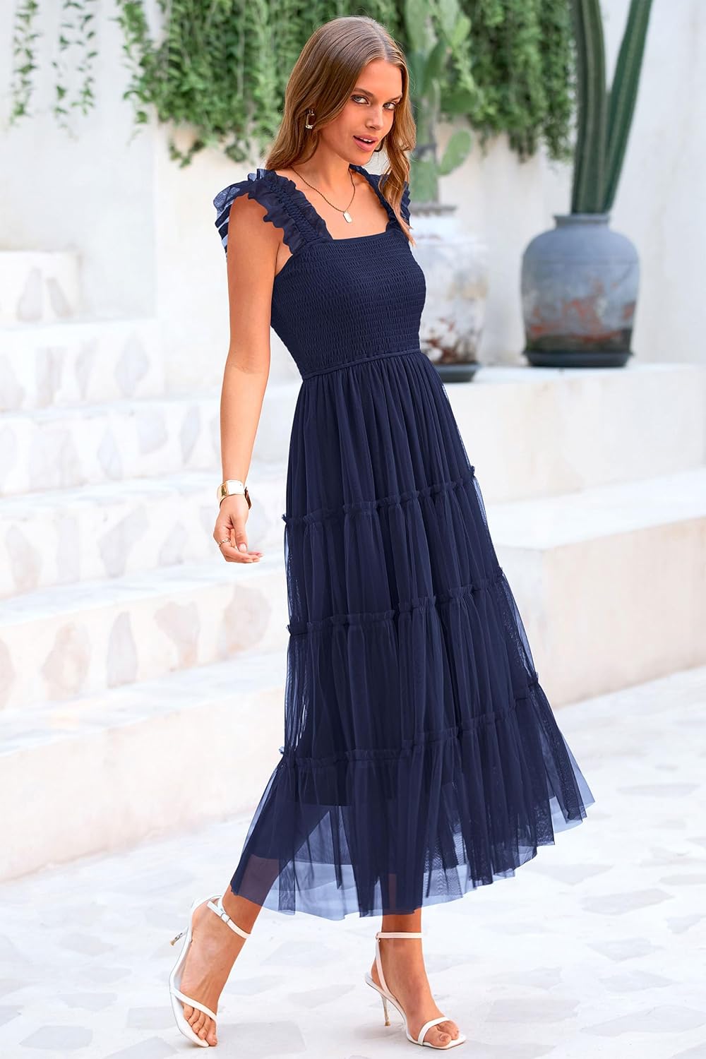 PRETTYGARDEN Women’s Summer Tulle Midi Dress Sleeveless Smocked Ruffle Flowy Mesh Dresses Party Wedding Guest Sundress