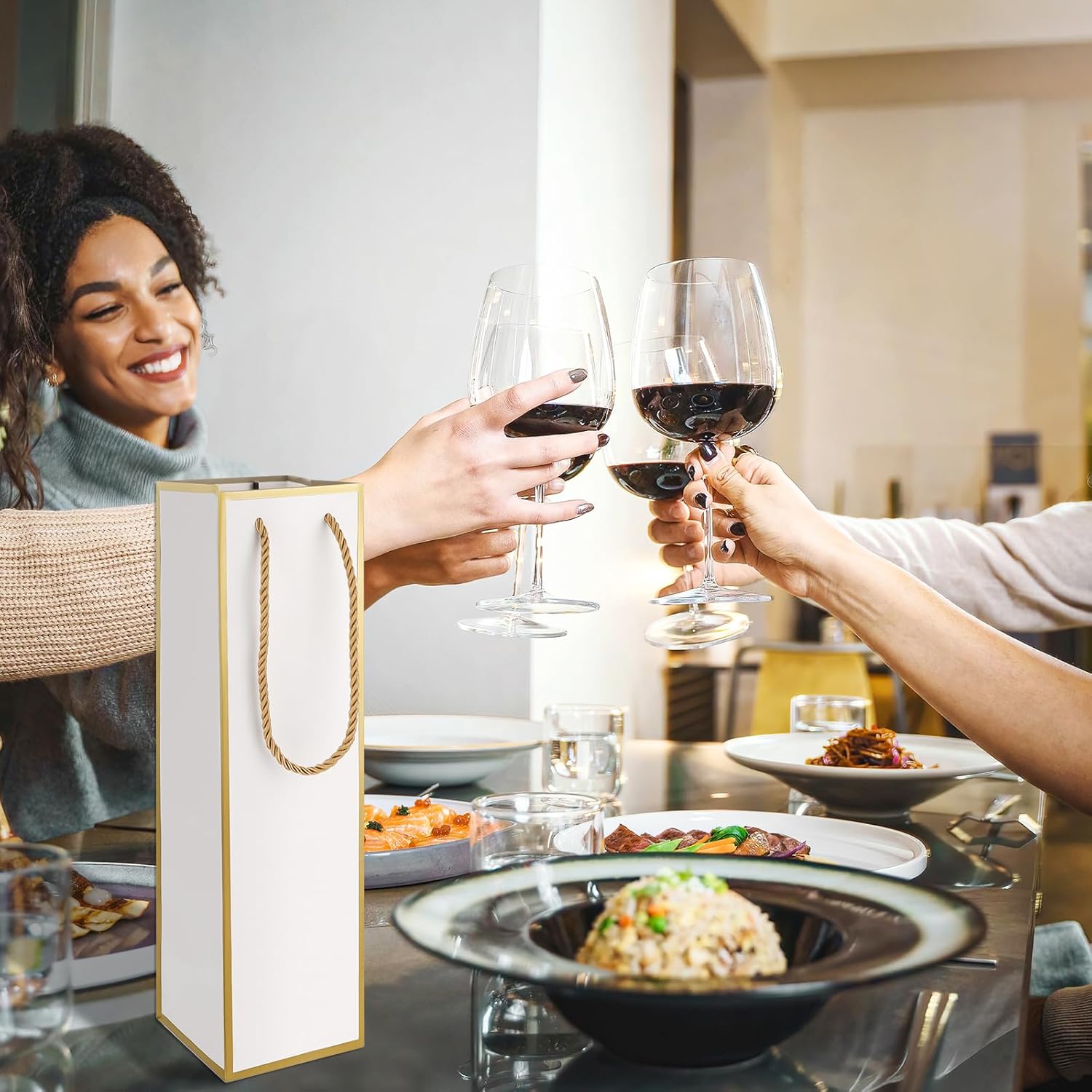 Wine Gift Bags 2 PCS Luxury Wine Bottle Gift Bags, 4″X4″X13.8″ Reusable Liquor Bag with Gold Foil Print, Gold Foil White Wines Bag for Party Wedding Party Anniversary ChampagneBag with Handles