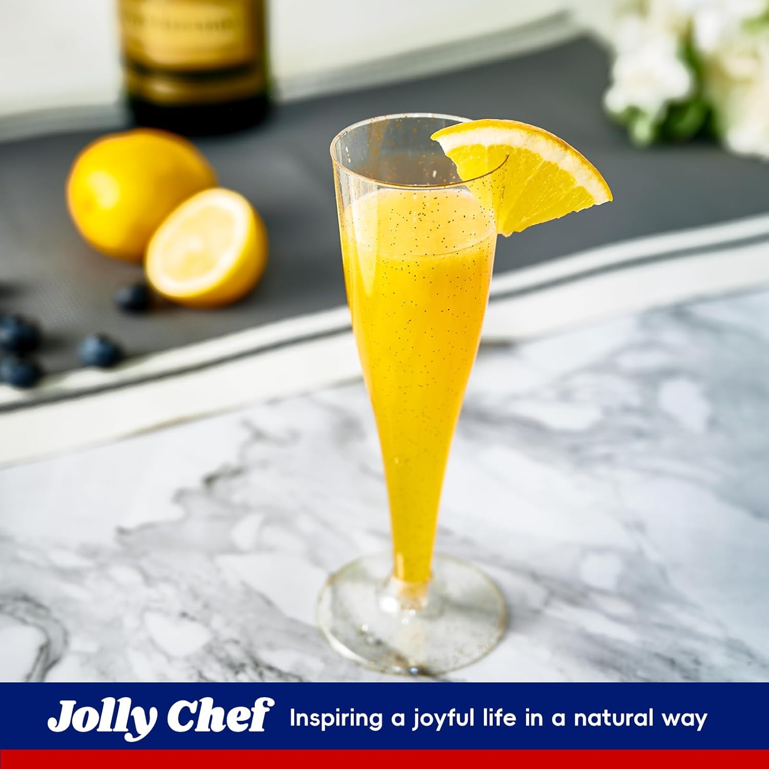 JOLLY CHEF 100 Pack Plastic Champagne Flutes Disposable 4.5 oz Gold Glitter Plastic Champagne Glasses for Wedding, Thanksgiving Day, Christmas