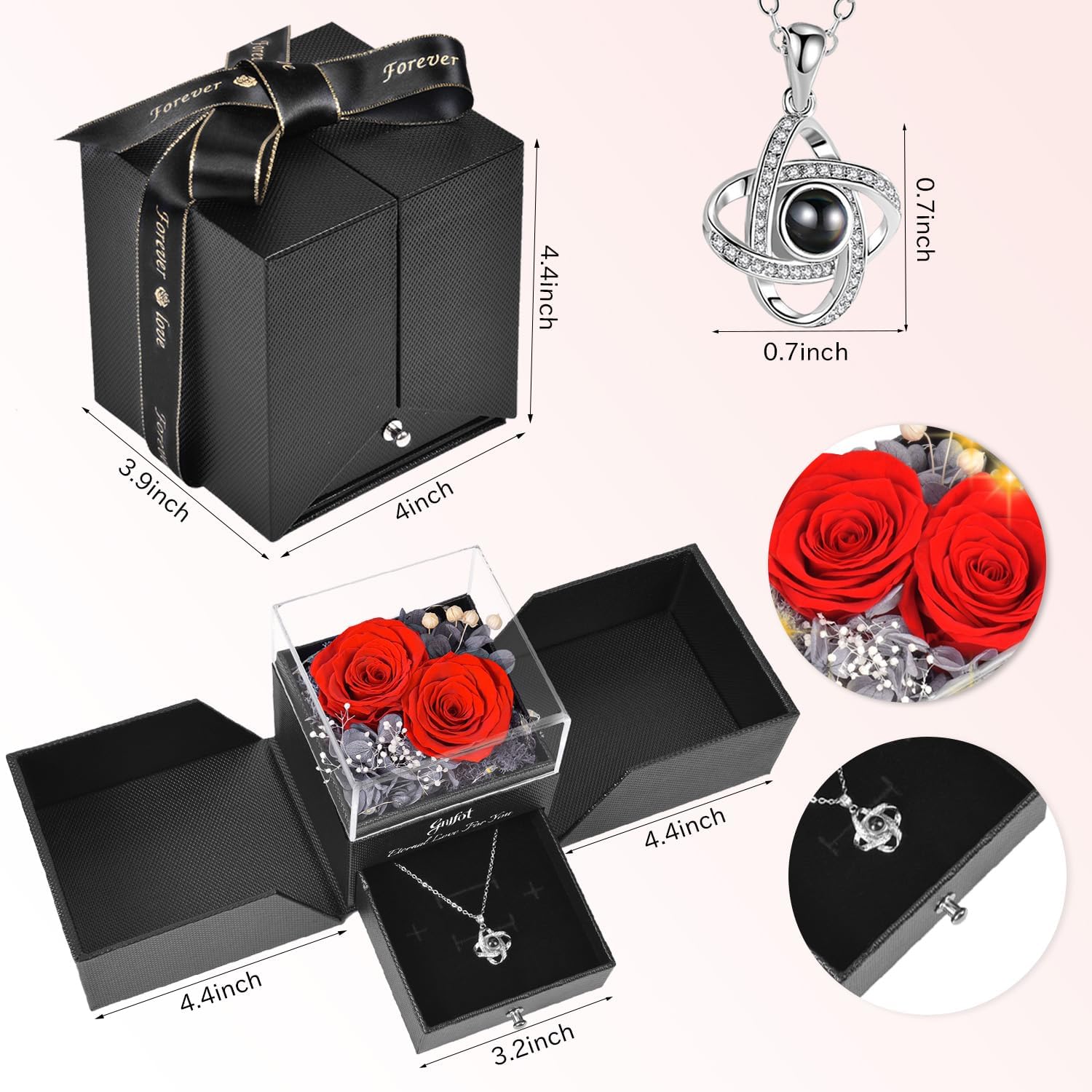 Preserved Red Real Rose with I Love You in 100 Languages Necklace,Eternal Flowers Gifts for Women Wife Girlfriend Mom Grandma on Birthday Anniversary Valentines Mothers Day Christmas,Red Rose