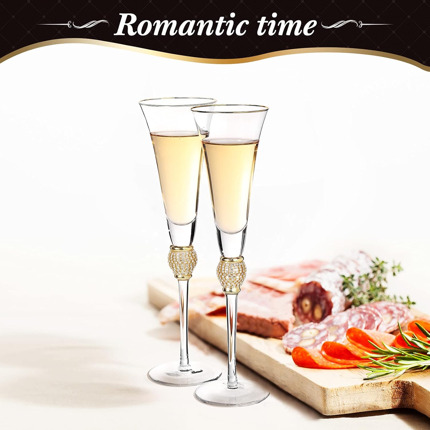 2 Pieces Rhinestone Champagne Flutes Wedding Toasting Glasses 7 Oz Rim Diamond Wine Glasses Long Stem Glassware for Wedding, Parties, Anniversary Supplies (Gold)