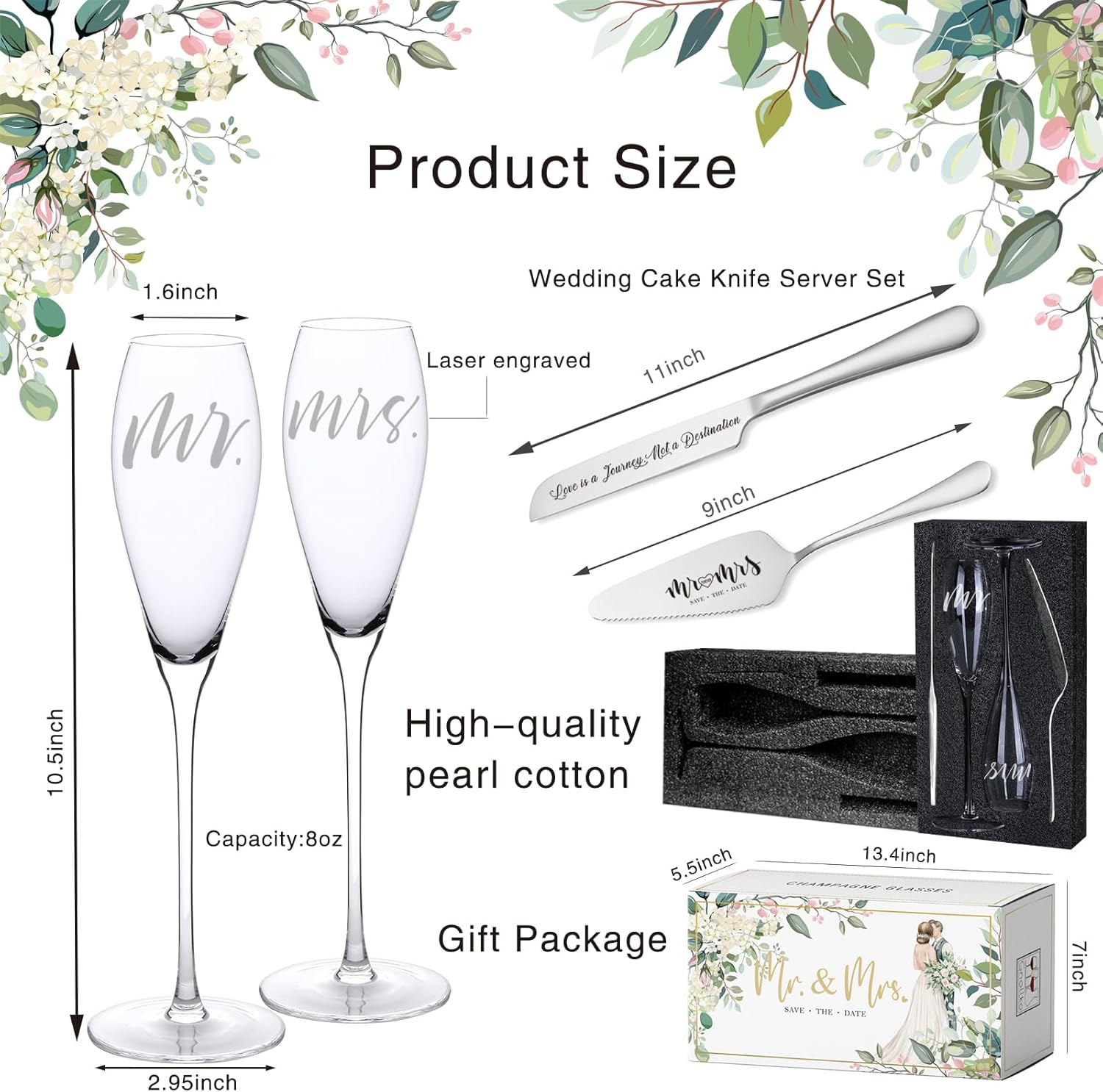 Engraved Mr and Mrs Champagne Flutes with Wooden Sign Set,Toasting Glasses for Bride and Groom,Wedding Cake Knife and Server Set with Just Married Banner for Reception and Ceremony